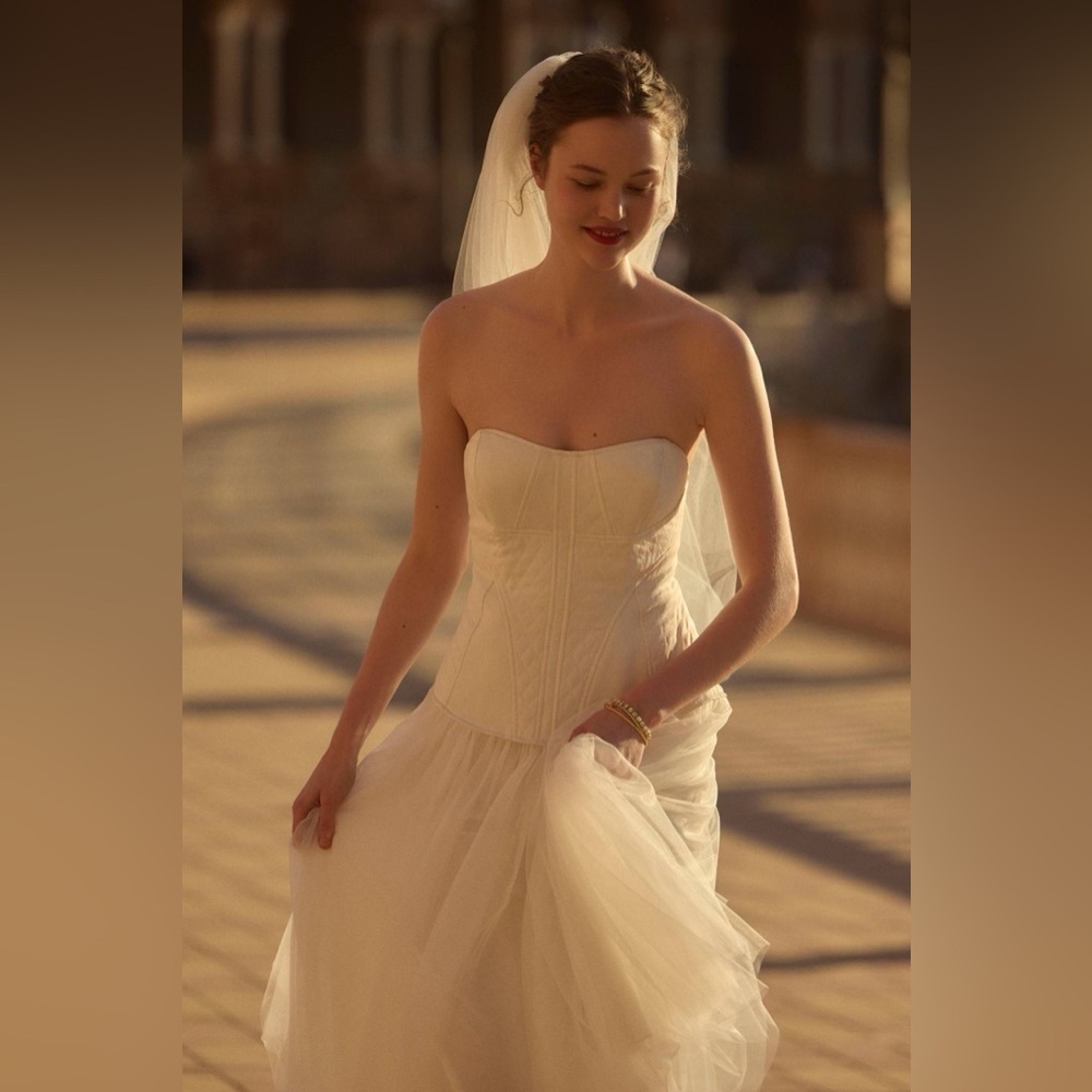 Anthropologie BHLDN Strapless A-Line Satin Tulle-Skirt Midi Dress Size Small NEW - Picture 4 of 13